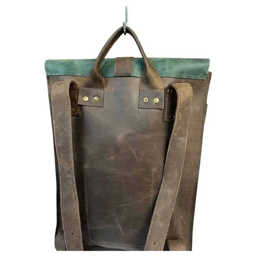 Leather Handmade Backpack Laptop Flap Closure Adjustable Clasp Unisex Brown